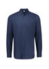 A navy long sleeve button-up shirt with a collar and a single chest pocket. It features a logo on the label.