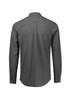A grey long sleeve button-up shirt featuring a back yoke and cuffs, with a logo on the collar.