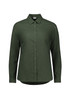 A green button-up shirt with long sleeves, featuring a collar and a subtle textured pattern. It has a logo on the tag.