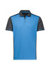 A blue and grey men's short sleeve polo shirt featuring a logo.