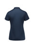 A navy blue women's short sleeve polo shirt with a textured pattern and collar. Features a logo on the front.