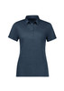 A women's short sleeve polo shirt in a navy blue colour with a collar and three-button placket. It features a logo.