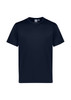 A navy short sleeve tee featuring a simple design and a logo on the tag.