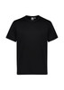 A black short sleeve tee featuring a simple design and a logo on the label. Suitable for kids.