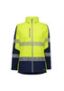 A women's 2 in 1 stretch softshell jacket in high visibility yellow and navy, featuring reflective stripes and a logo.