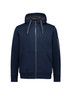 A navy unisex zip front hoodie featuring multiple pockets and a hood. It has a logo on the sleeve.
