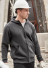 A unisex zip front multi-pocket hoodie in dark grey, featuring a hood and a logo, worn by a model at a construction site.