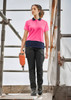 A women's hi-vis short sleeve polo in pink and navy, featuring a collar and a branded logo.