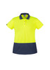 A women's short sleeve polo shirt in high visibility yellow with a navy blue bottom panel. It features a collar and buttons.