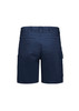 Navy women's essential stretch cargo shorts, featuring multiple pockets and a fitted design. Includes branding.