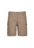 A pair of women's essential stretch cargo shorts in a light tan colour, featuring side pockets and a button closure.
