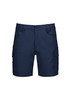 Men's essential stretch cargo shorts in navy blue, featuring side pockets and a logo.