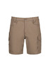 Men's essential stretch cargo shorts in a khaki colour, featuring multiple side pockets and a button closure.