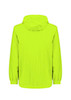 A bright yellow unisex packable rain jacket with a hood, featuring elastic cuffs and a clean design.