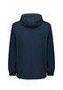 A unisex super light packable rain jacket in dark blue with an adjustable hood and elastic cuffs. It features a logo.