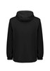 A black unisex super light packable rain jacket with a hood and elastic cuffs. It features a logo on the back.