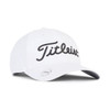 A white golf cap with a branded logo, featuring a black script design on the front.