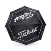 A black double canopy umbrella featuring a logo, ideal for leisure and outdoor activities.