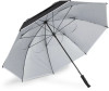 A grey and black double canopy umbrella with a curved handle and a sturdy frame. It features a branding logo.