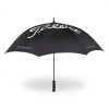 A black single canopy umbrella featuring a logo. Ideal for leisure and outdoor activities.