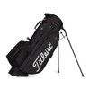 A black stand bag featuring a logo, designed for golf with adjustable legs and multiple compartments.