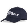 A navy cap with a white embroidered logo, featuring a curved brim and adjustable back.