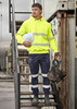 A bright yellow water-resistant hoodie with segmented reflective tape, worn with navy work pants and safety gear.