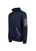 A navy unisex pullover with a quarter zip, featuring a zip pocket on the sleeve and a front kangaroo pocket.
