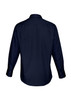 A navy blue long sleeve button-up shirt featuring a back view design, complete with a collar and buttons.