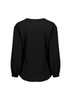 A black long sleeve blouse with ruching detail, featuring a relaxed fit and balloon sleeves.