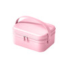 A pink portable mini suitcase with a handle and a zip closure. It features a smooth, shiny surface.