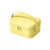 A portable mini suitcase in a bright yellow tone with a zip closure and a handle on top.