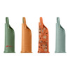 A collection of four elegant PU leather wine bags in green, orange, and two shades of teal, featuring various designs and logos.