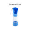 A blue water bottle with a transparent lower section and a blue lid, featuring a logo and a carrying strap.