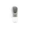 A drink bottle in grey and transparent, featuring a flexible top and a button mechanism. Includes a carrying strap.