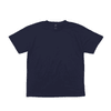 A navy blue T-shirt with a crew neck and short sleeves, featuring a logo on the inside label.