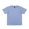 A blue short-sleeved T-shirt with a round neckline and a logo on the tag.