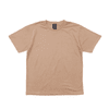 A beige short-sleeved T-shirt with a tag and a simple design. It features a logo on the label.