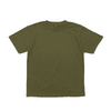 A green short-sleeve t-shirt with a simple design and a logo on the neckline.