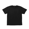 A black t-shirt with short sleeves, featuring a logo on the inner label.
