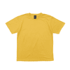 A yellow T-shirt with a round neck and short sleeves, featuring a tag inside and a logo.