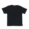 A black t-shirt with short sleeves and a round neckline, featuring a logo on the inside label.