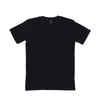 A black T-shirt without any designs, featuring a round neckline and short sleeves. It has a branding label inside.