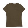 A women's t-shirt in olive green with a fitted design and a round neckline. It features a small logo.