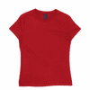 A red women's T-shirt with a fitted design and a small brand logo on the label.