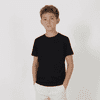 A black youth tee displayed on a child, standing with hands in pockets against a plain background.