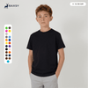 A plain black youth tee displayed on a model, surrounded by a colour palette of various options.