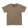 A plain brown T-shirt with a round neckline and short sleeves, featuring a label in the neck area.