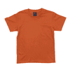 An orange youth t-shirt with a crew neck and short sleeves, featuring a logo on the neckline.
