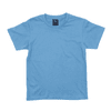 A light blue T-shirt with a round neckline and short sleeves, featuring a branded label.